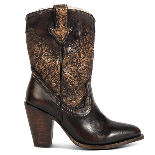 FREEBIRD women's Loretta gold/brown leather boot with a tooled 100% full grain shaft, inside zip closure and inverted heel