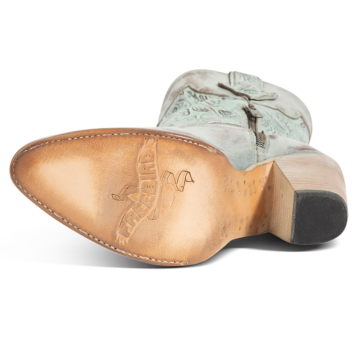 Leather sole imprinted with FREEBIRD on women's Loretta turquoise leather boot