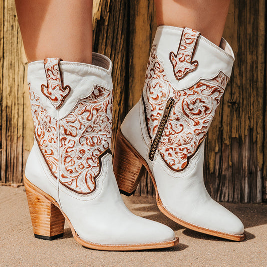 FREEBIRD women's Loretta white leather boot with a tooled 100% full grain shaft, inside zip closure and inverted heel