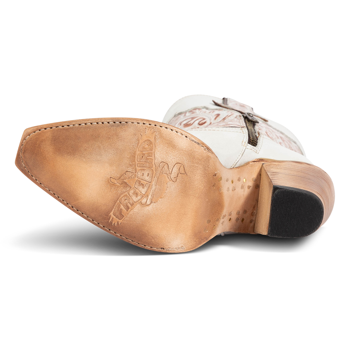 Leather sole imprinted with FREEBIRD on women's Loretta white leather boot