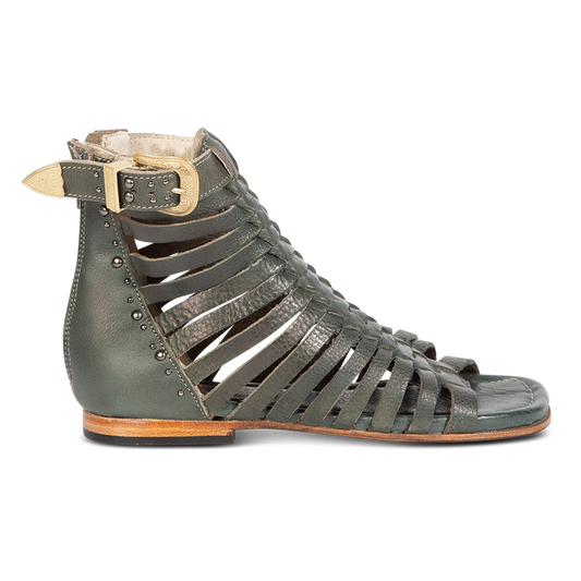 FREEBIRD women's Luna teal leather sandal with a gladiator silhouette, adjustable brass buckle and subtle stud embellishments on a low heel