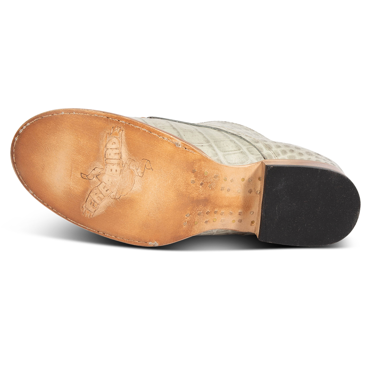 Top view showing almond toe and decorative knotted leather lace on FREEBIRD women's Mabel white multi shoe