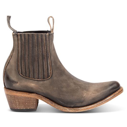 FREEBIRD women's Maeve black distressed leather slip on bootie with leather pull tabs, gore detailing and snip toe construction