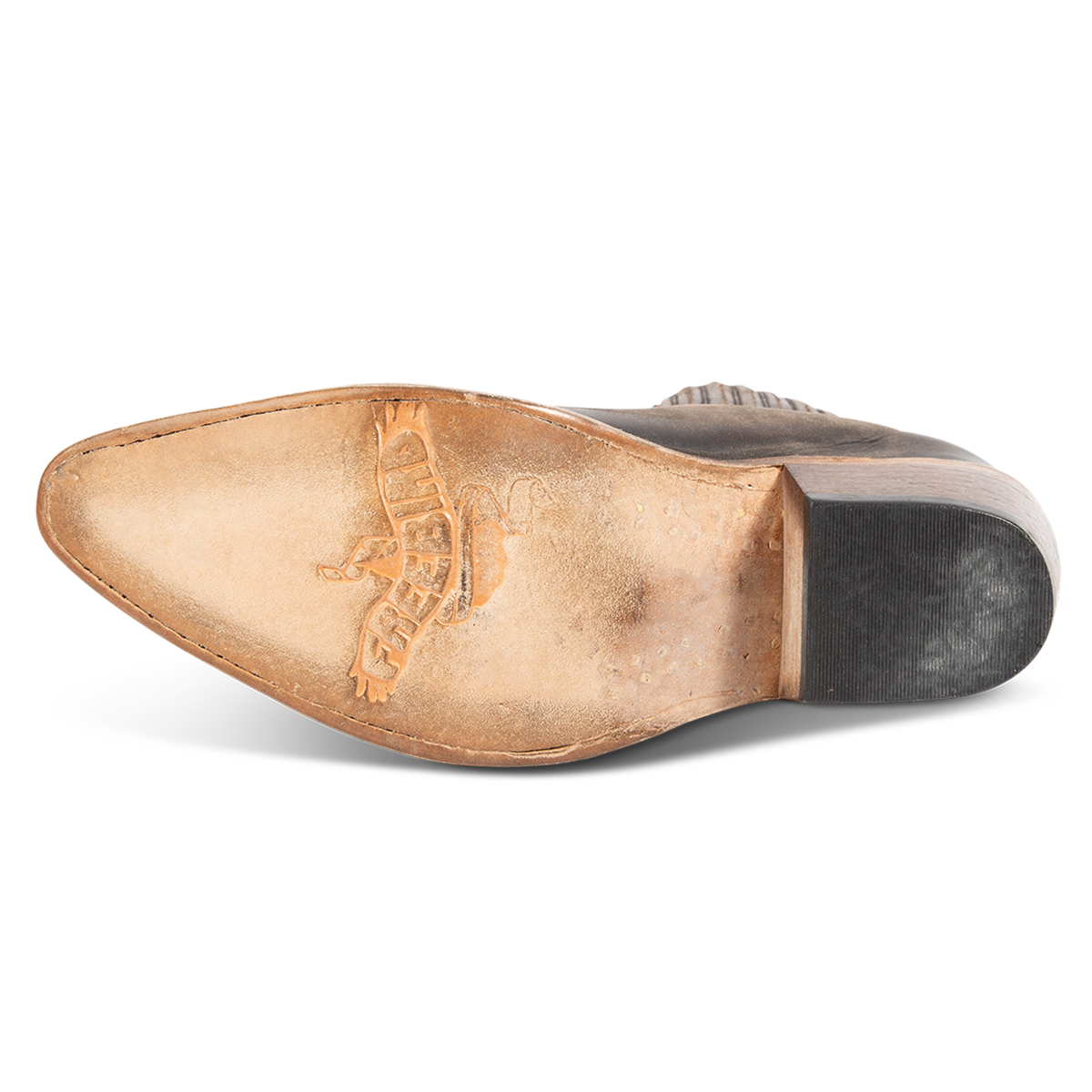 Leather sole imprinted with Freebird on women's Maeve black distressed slip on leather bootie
