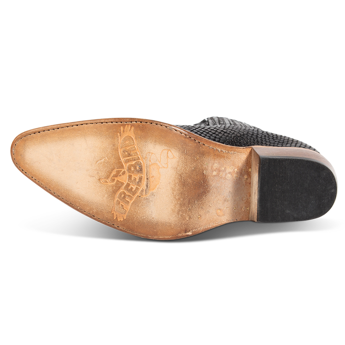 Leather sole imprinted with Freebird on women's Maeve black snake slip on leather bootie
