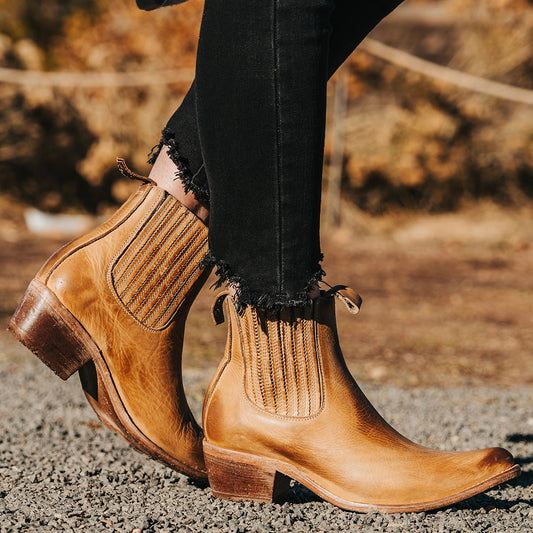 FREEBIRD women's Maeve natural leather slip on bootie with leather pull tabs, gore detailing and snip toe construction