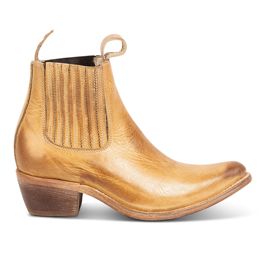 FREEBIRD women's Maeve natural leather slip on bootie with leather pull tabs, gore detailing and snip toe construction