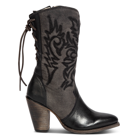 FREEBIRD women's Magnolia black denim and leather boot with mono shaft stitching, back panel lacing and a curved pointed toe silhouette