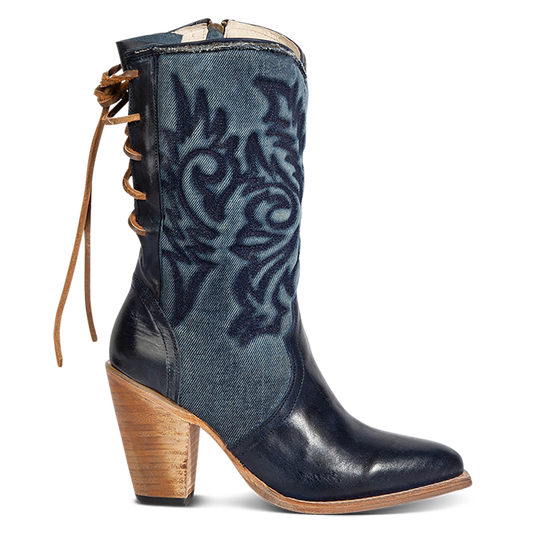 FREEBIRD women's Magnolia blue denim and leather boot with mono shaft stitching, back panel lacing and a curved pointed toe silhouette