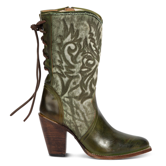 FREEBIRD women's Magnolia green denim and leather boot with mono shaft stitching, back panel lacing and a curved pointed toe silhouette