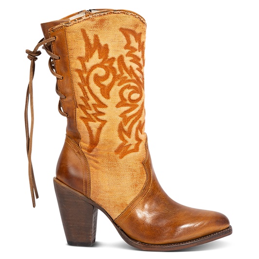 FREEBIRD women's Magnolia tan denim and leather boot with mono shaft stitching, back panel lacing and a curved pointed toe silhouette