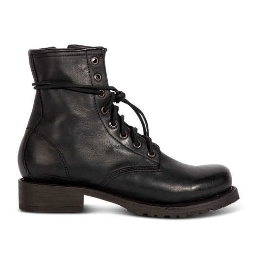 Freebird women's MANCHESTER black leather combat bootie with an inside brass zipper, low heel & tread sole