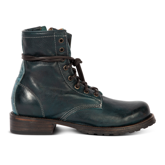 Freebird women's MANCHESTER blue multi leather combat bootie with an inside brass zipper, low heel & tread sole