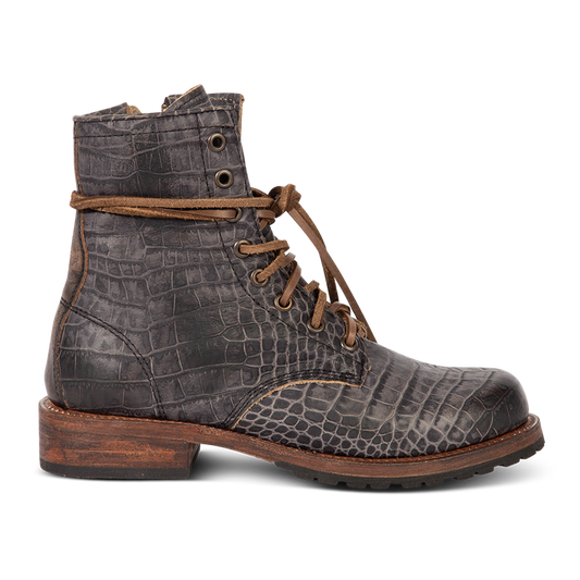 Freebird women's MANCHESTER grey croco leather combat bootie with an inside brass zipper, low heel & tread sole
