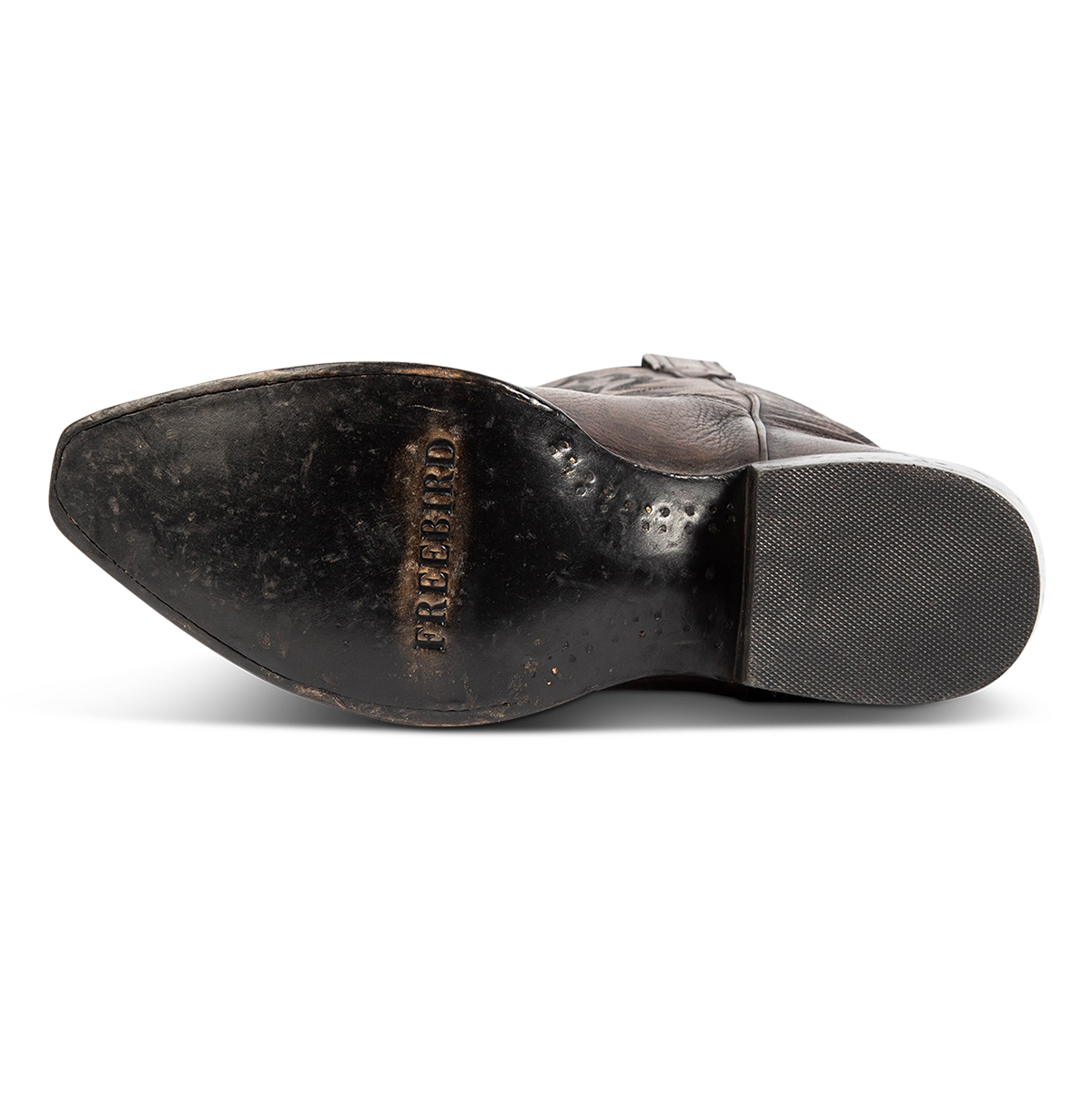 Leather sole imprinted with FREEBIRD on men's Marshall black distressed leather western cowboy boot