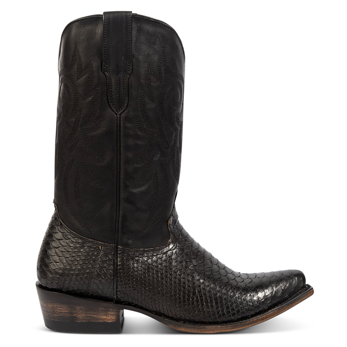 FREEBIRD men's Marshall black python leather western cowboy boot with shaft stitch detailing, snip toe construction and leather pull straps