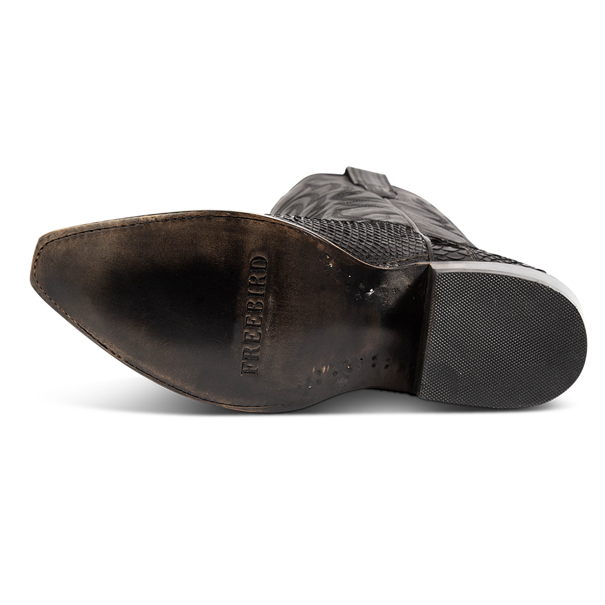 Leather sole imprinted with FREEBIRD on men's Marshall black python leather western cowboy boot