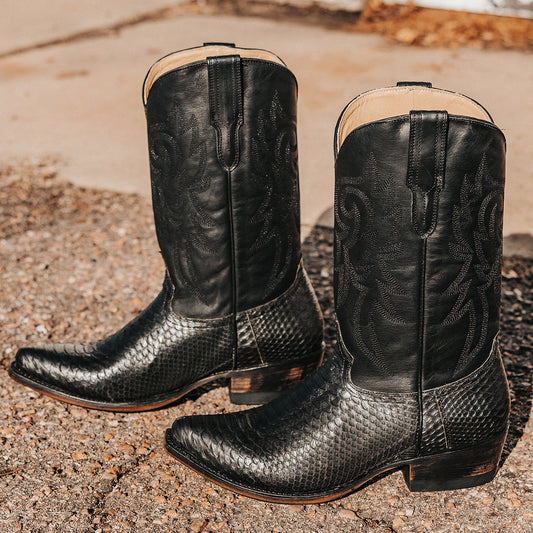 FREEBIRD men's Marshall black python leather western cowboy boot with shaft stitch detailing, snip toe construction and leather pull straps