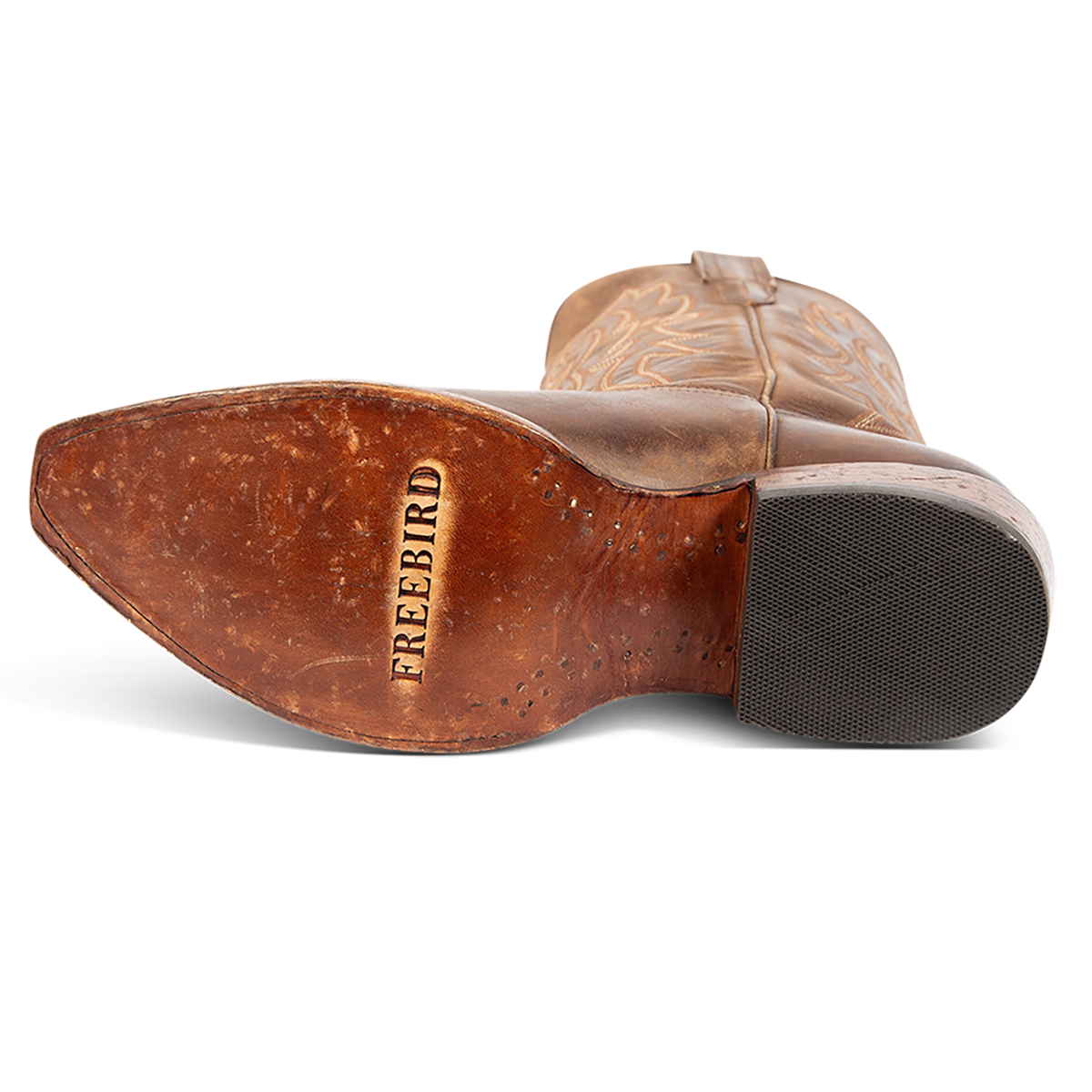 Leather sole imprinted with FREEBIRD on men's Marshall Brown western cowboy boot