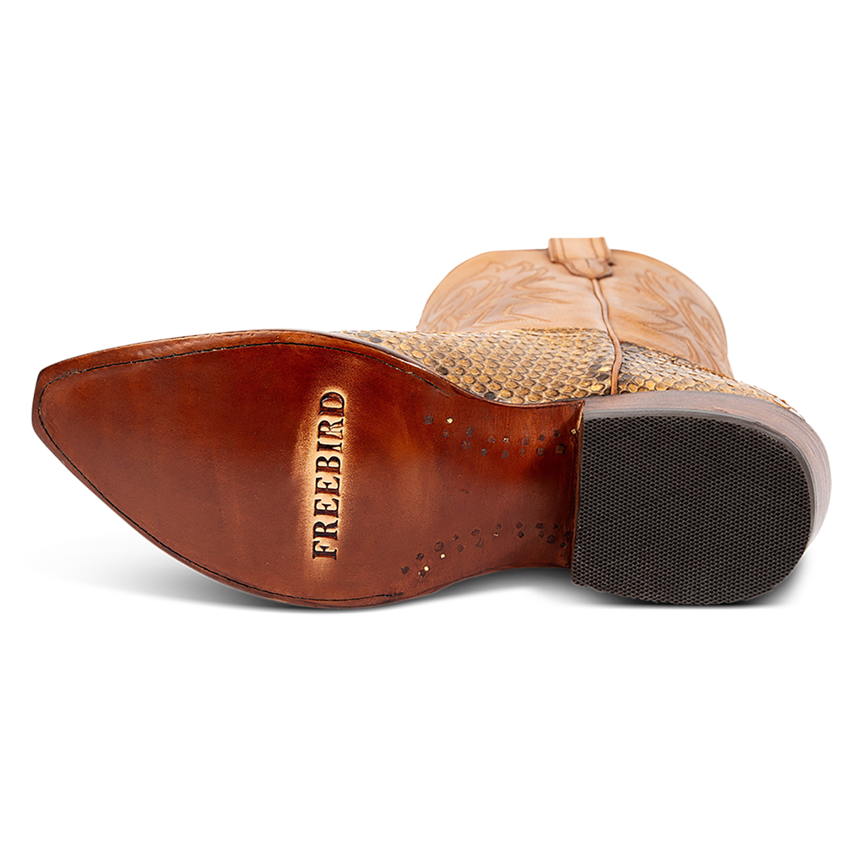 Leather sole imprinted with FREEBIRD on men's Marshall canary python leather western cowboy boot