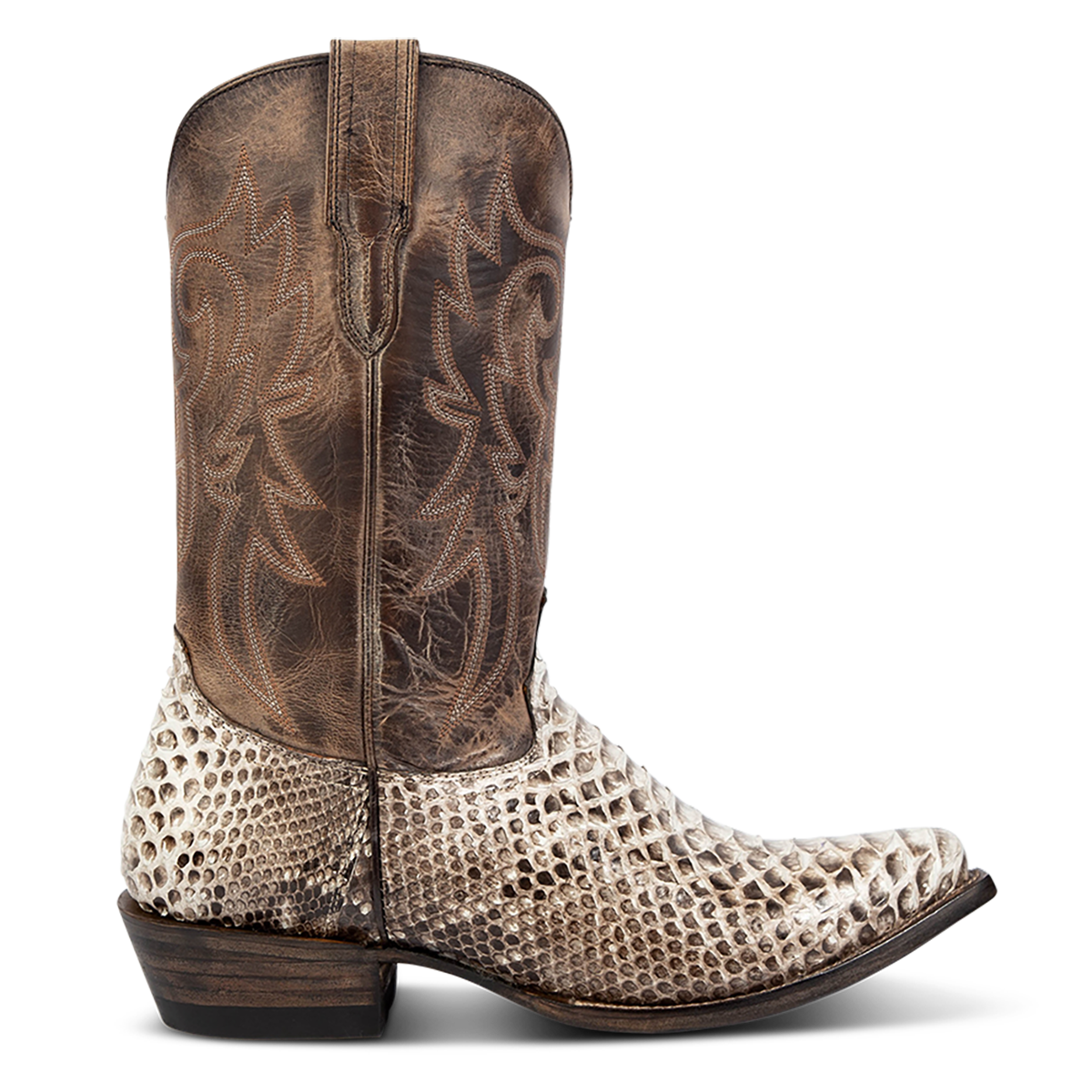 FREEBIRD men's Marshall grey python leather western cowboy boot with shaft stitch detailing, snip toe construction and leather pull straps