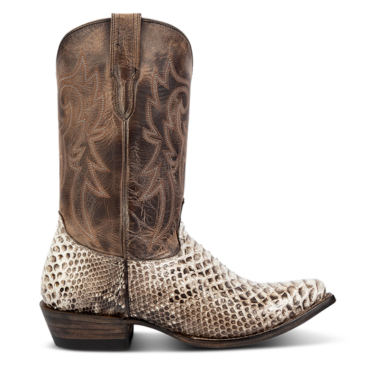 FREEBIRD men's Marshall grey python leather western cowboy boot with shaft stitch detailing, snip toe construction and leather pull straps