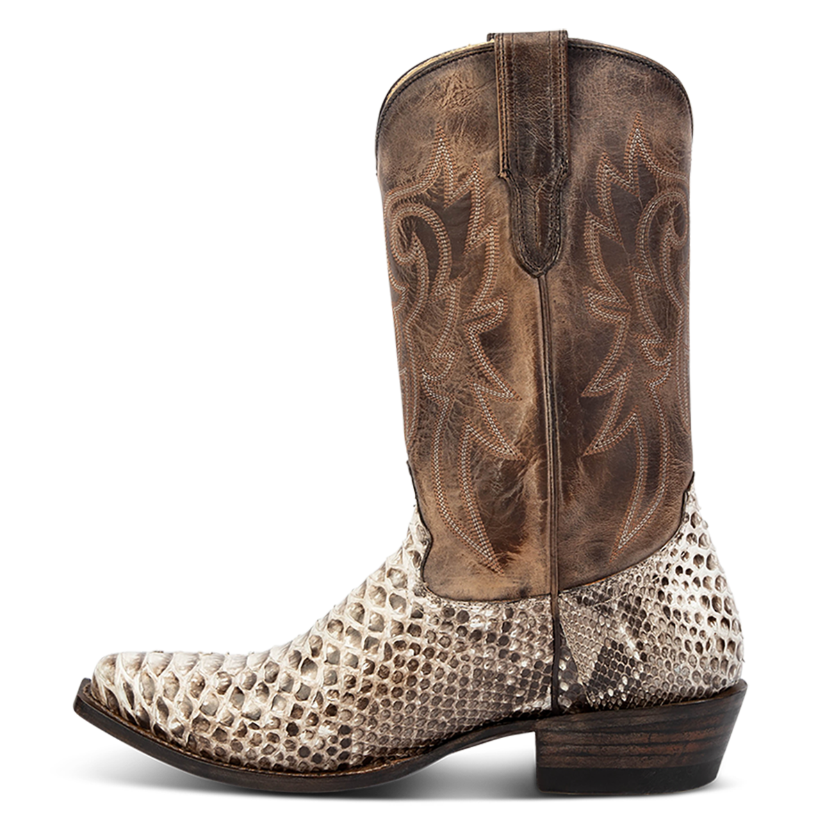 Inside view showing FREEBIRD men's Marshall grey python leather western cowboy boot with shaft stitch detailing, snip toe construction and leather pull straps