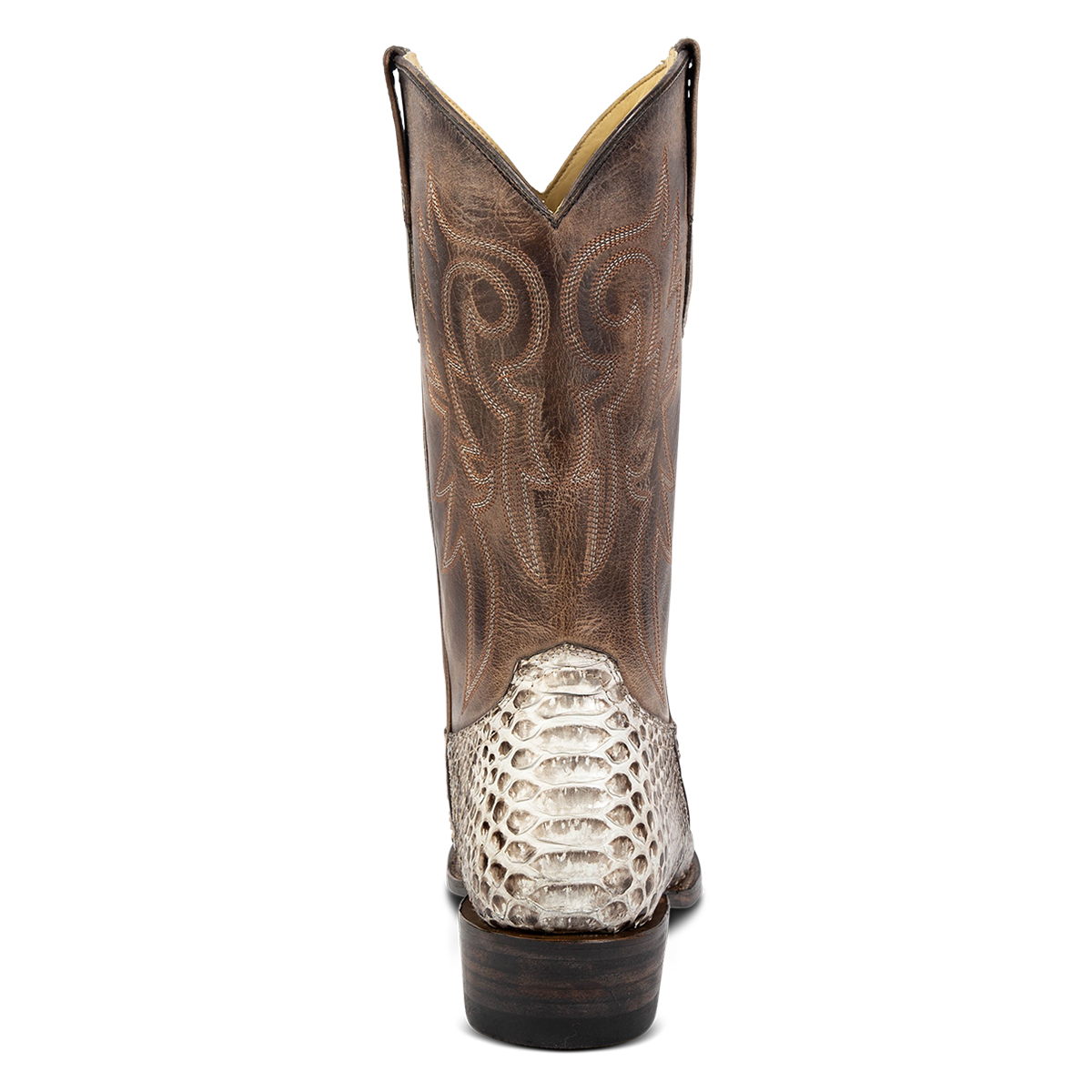 Back view showing FREEBIRD men's Marshall grey python leather western cowboy boot with shaft stitch detailing, a stacked heel and leather pull straps