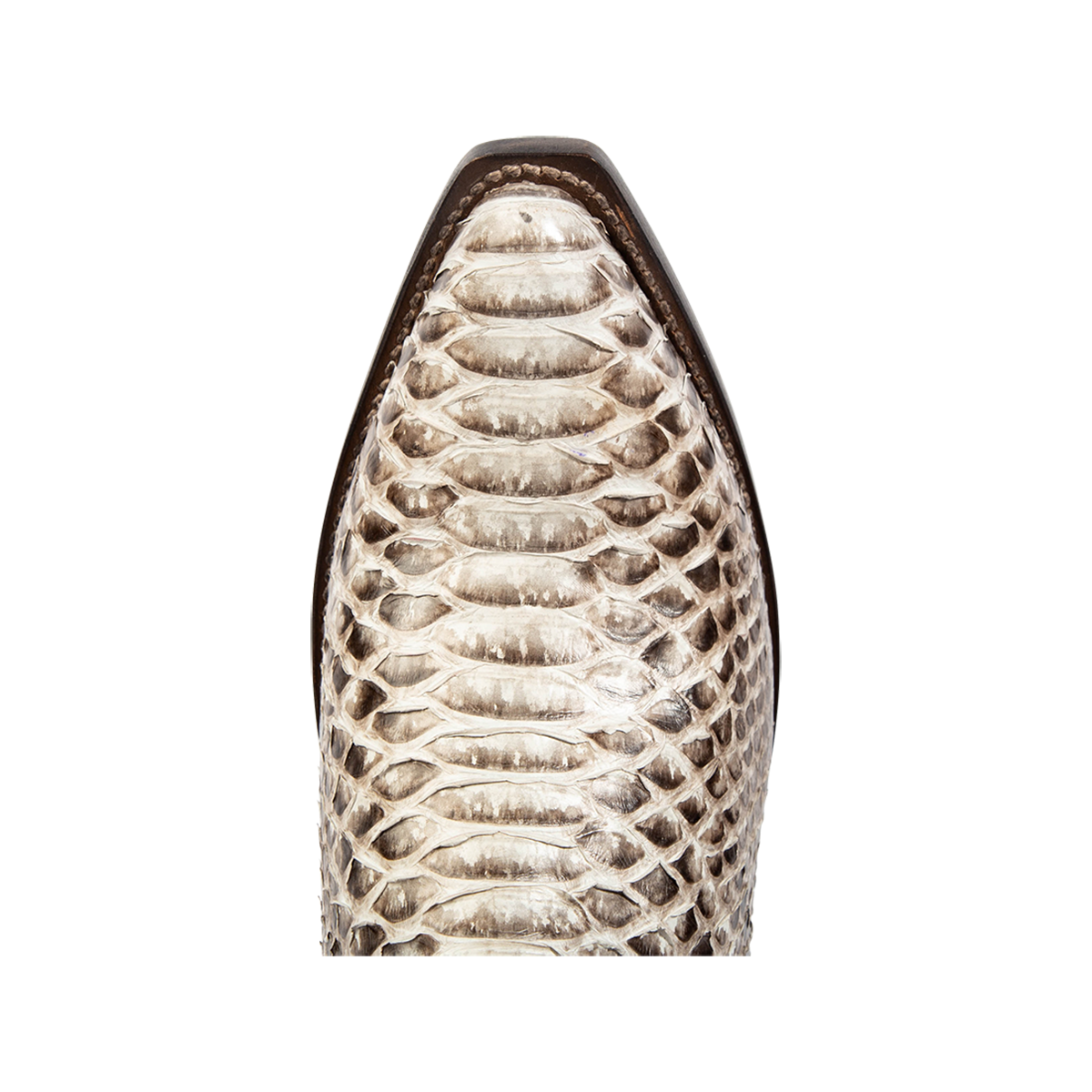 Top view showing snip toe construction and stitch detailing on FREEBIRD men's Marshall grey python leather western cowboy boot