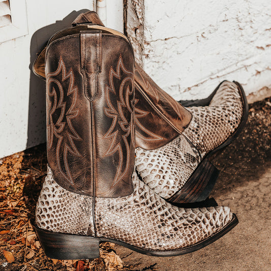 FREEBIRD men's Marshall grey python leather western cowboy boot with shaft stitch detailing, snip toe construction and leather pull straps