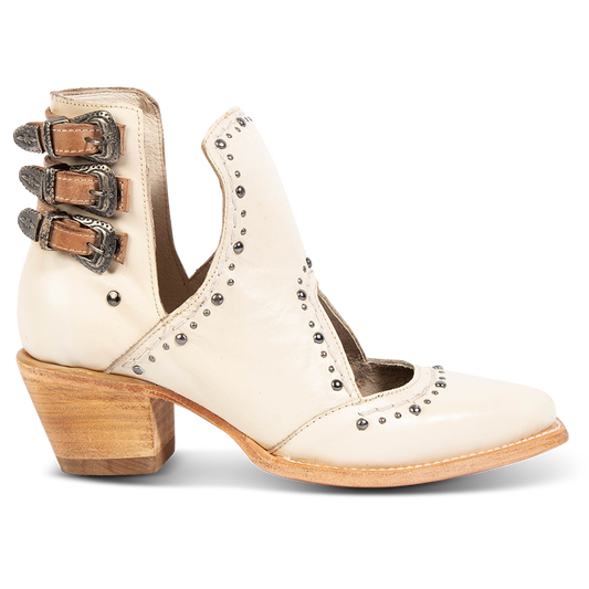 FREEBIRD women's Melody beige leather shoe with v-cut sides, stud detailing, and low heel