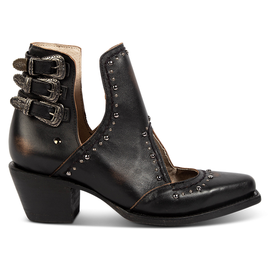 FREEBIRD women's Melody black leather shoe with v-cut sides, stud detailing, and low heel