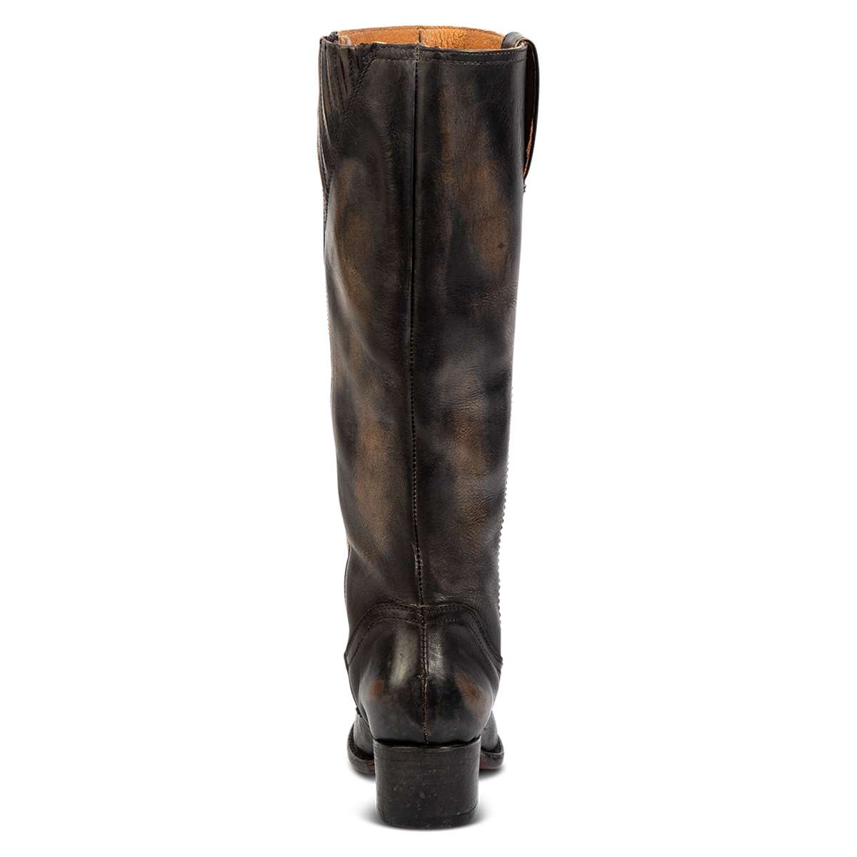 Inside view showing a low block heel, inside working brass zipper, and gore detailing on FREEBIRD women's Montana black leather boot
