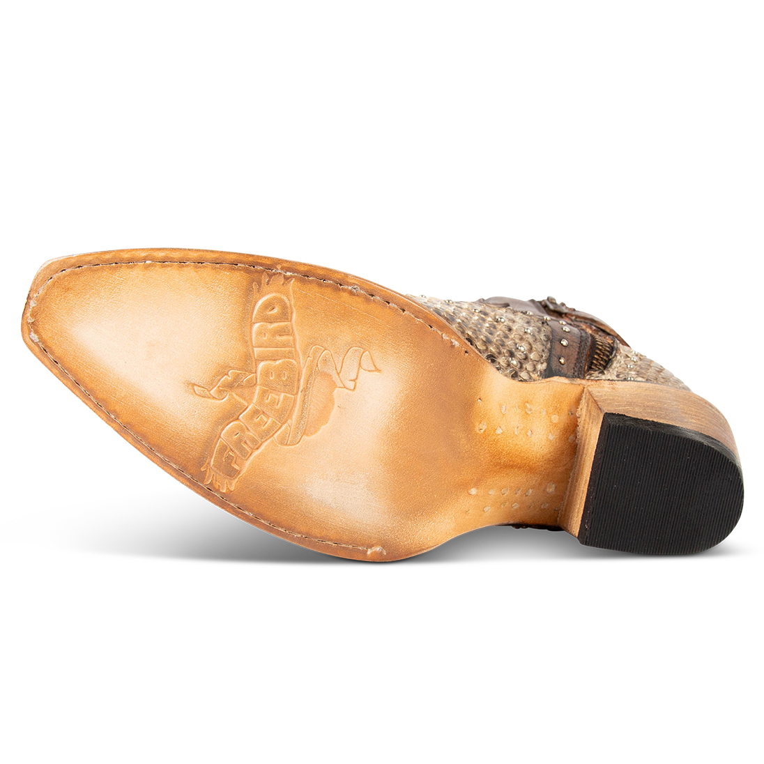 Leather sole imprinted with FREEBIRD on women's Morgan black/white python leather ankle bootie