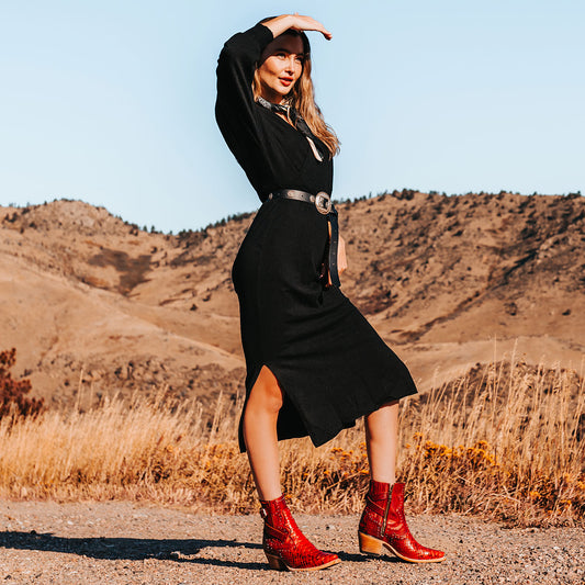 FREEBIRD women's Morgan red python leather ankle bootie with silver stud embellishments, gore detailing, and buckle straps lifestyle image