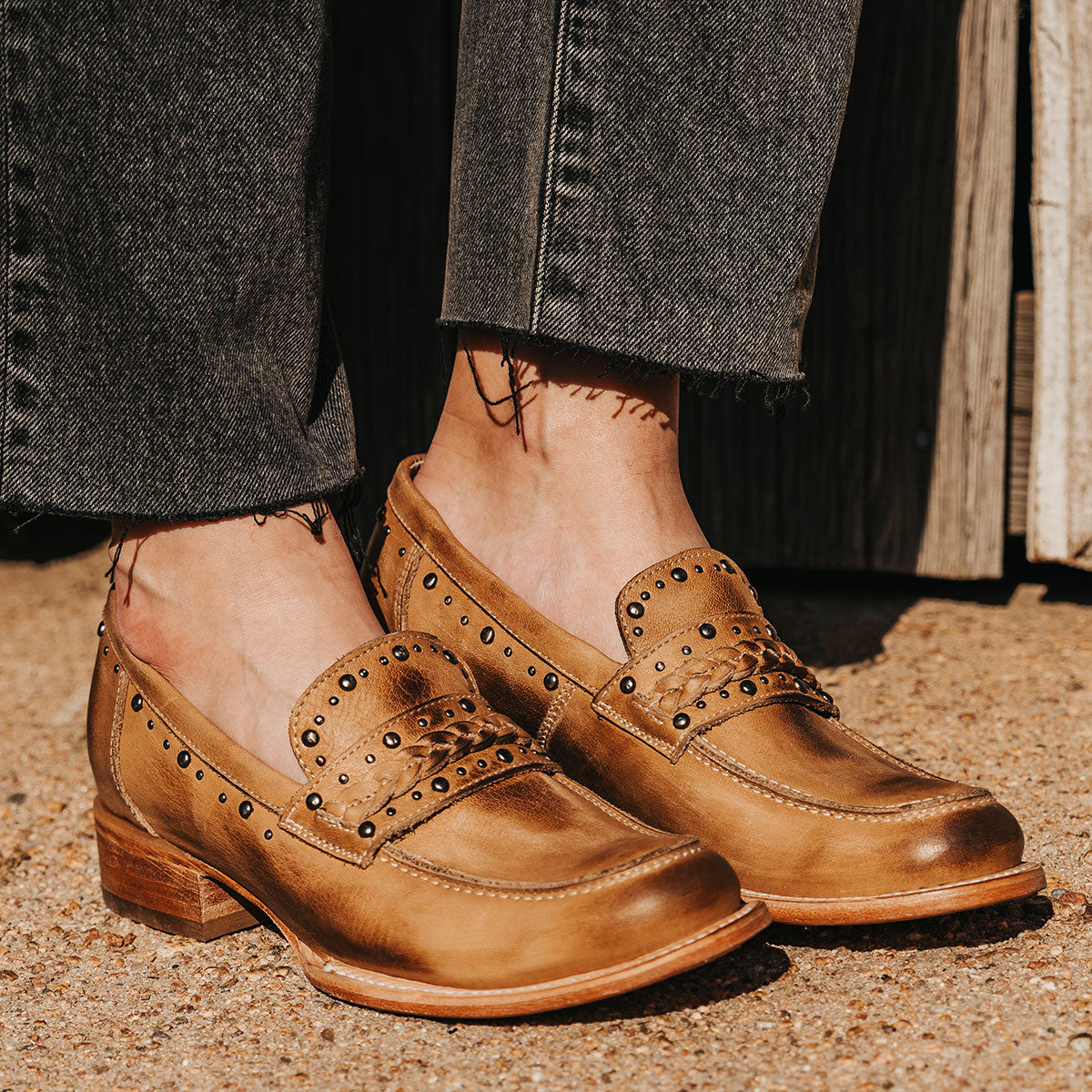 FREEBIRD women's Myla beige leather loafer with stud embellishments, flexible tongue and low block heel