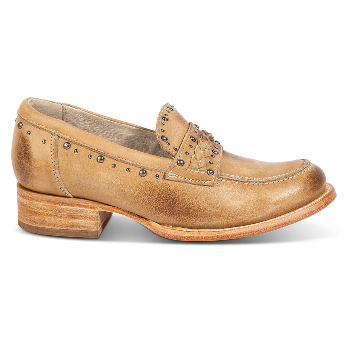 FREEBIRD women's Myla beige leather loafer with stud embellishments, flexible tongue and low block heel