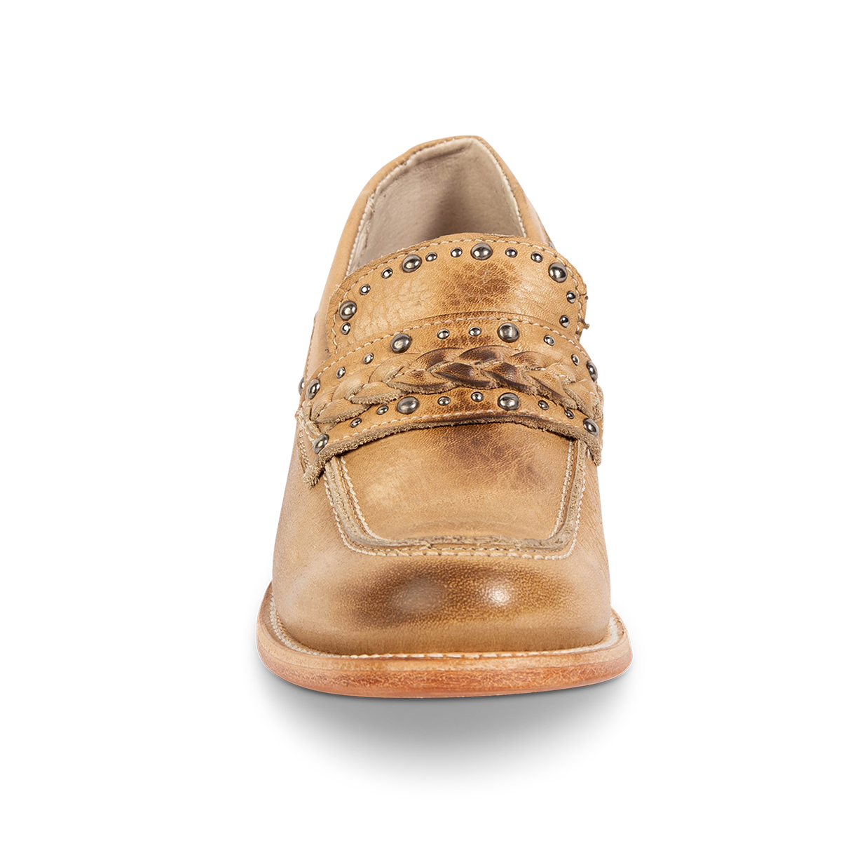 Front view showing FREEBIRD women's Myla beige leather loafer with stud embellishments, braided leather detailing and round toe construction