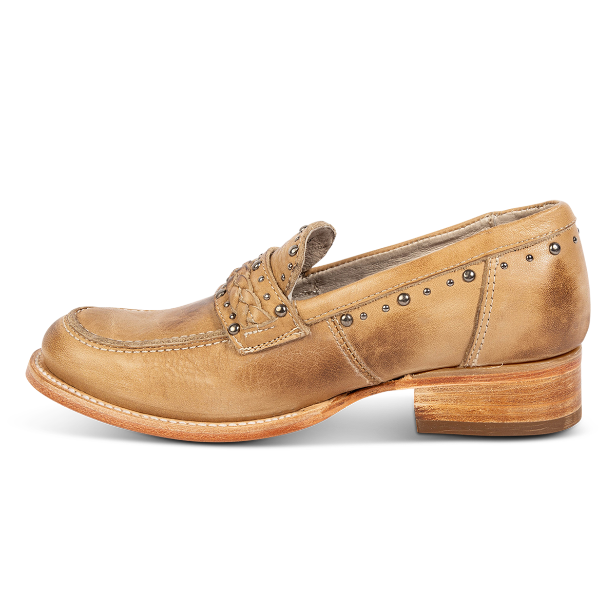 Inside view of FREEBIRD women's Myla beige leather loafer with a low wood heel, stud embellishments and Goodyear welt