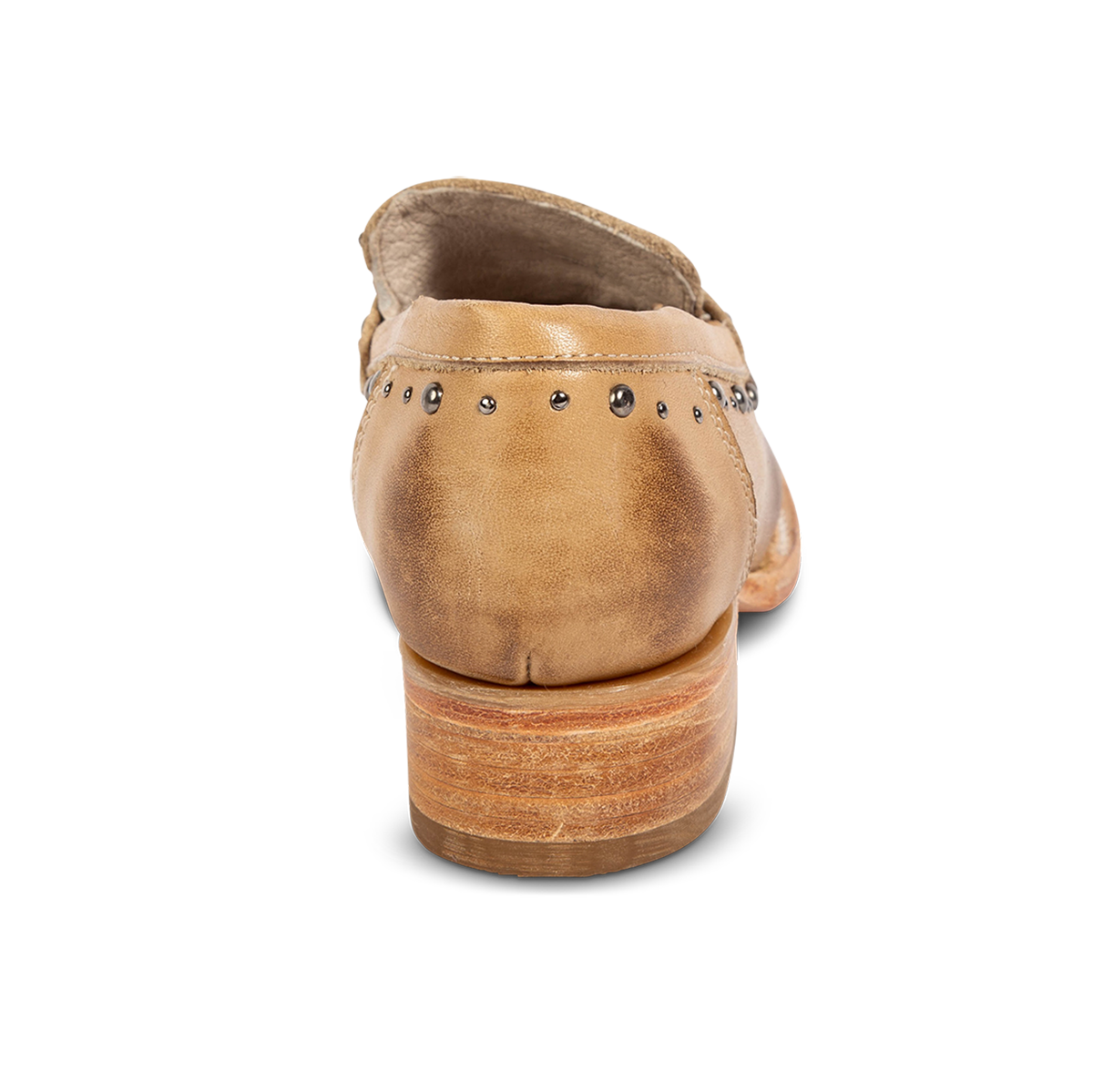 Back view showing FREEBIRD women's Myla beige leather loafer with a low wood heel, stud embellishments and 100% full grain leather