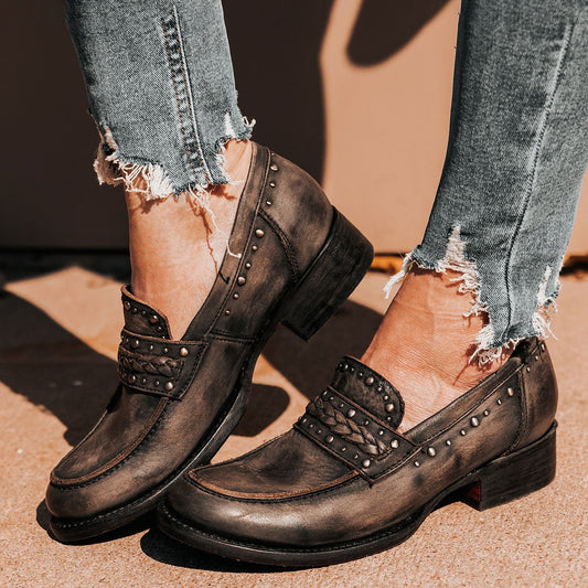 FREEBIRD women's Myla black distressed leather loafer with stud embellishments, flexible tongue and low block heel