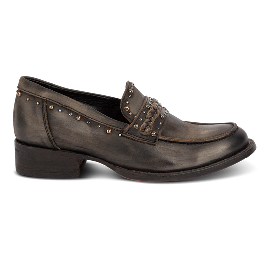 FREEBIRD women's Myla black distressed leather loafer with stud embellishments, flexible tongue and low block heel