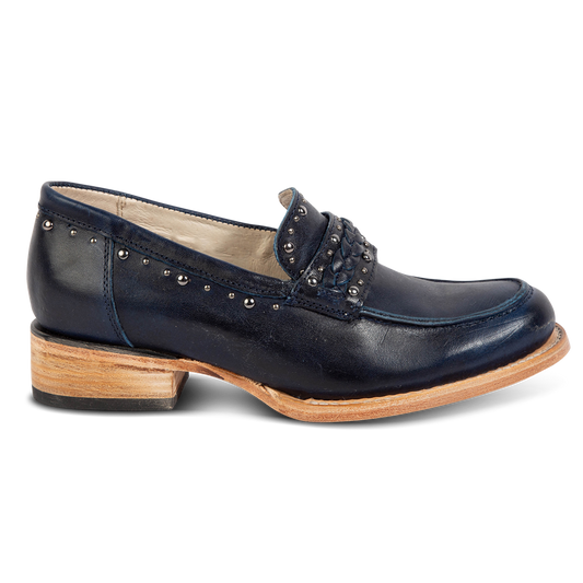 FREEBIRD women's Myla blue leather loafer with stud embellishments, flexible tongue and low block heel