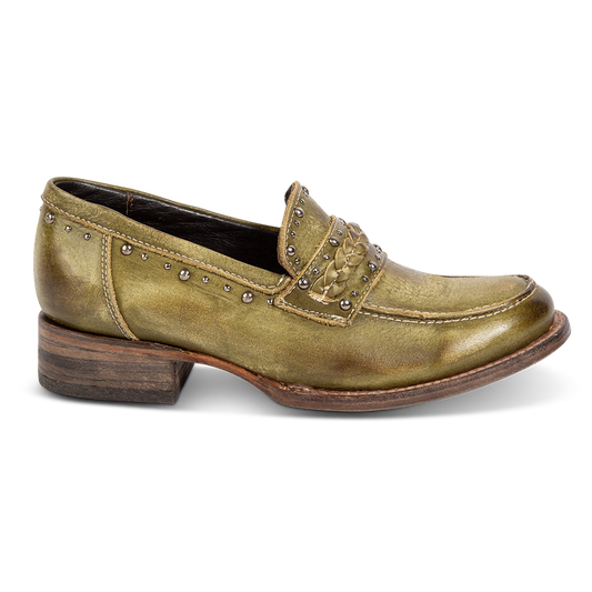 FREEBIRD women's Myla olive leather loafer with stud embellishments, flexible tongue and low block heel