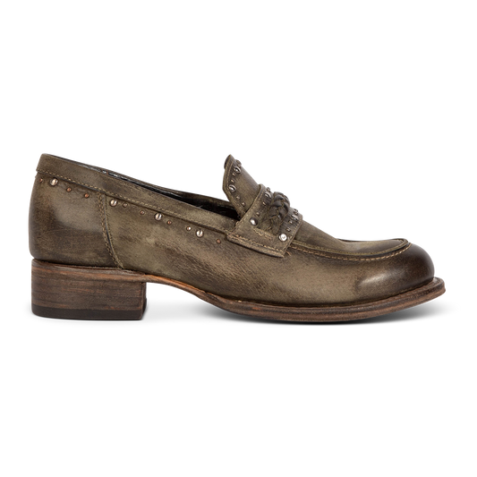 FREEBIRD women's Myla olive leather loafer with stud embellishments, flexible tongue and low block heel