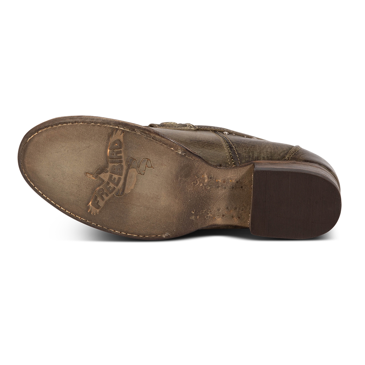 Leather sole imprinted with FREEBIRD on women's Myla olive leather loafer