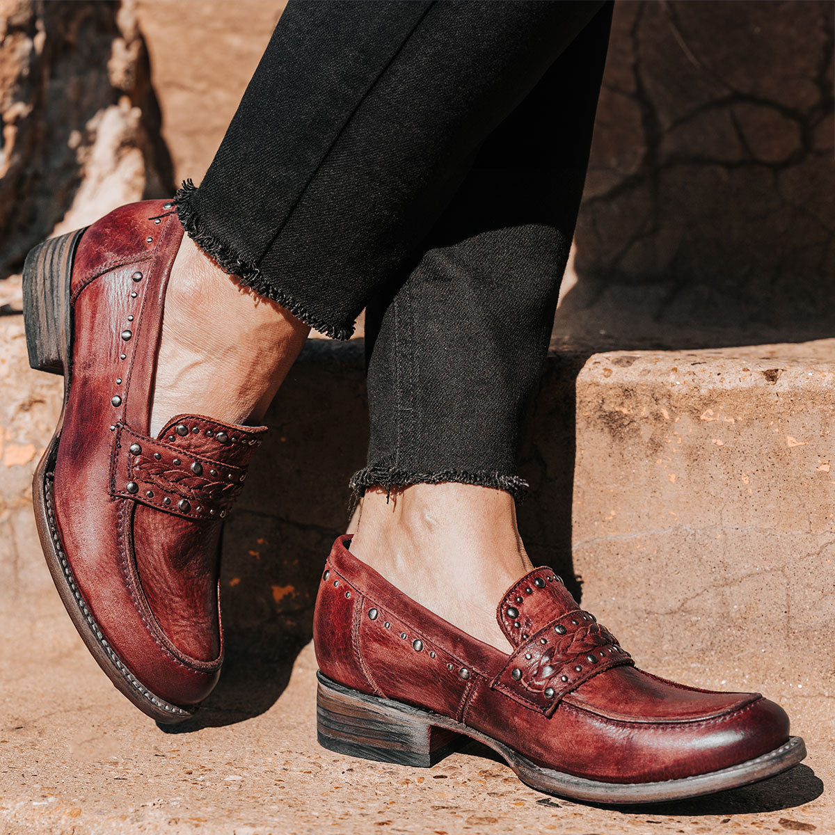 FREEBIRD women's Myla wine leather loafer with stud embellishments, flexible tongue and low block heel