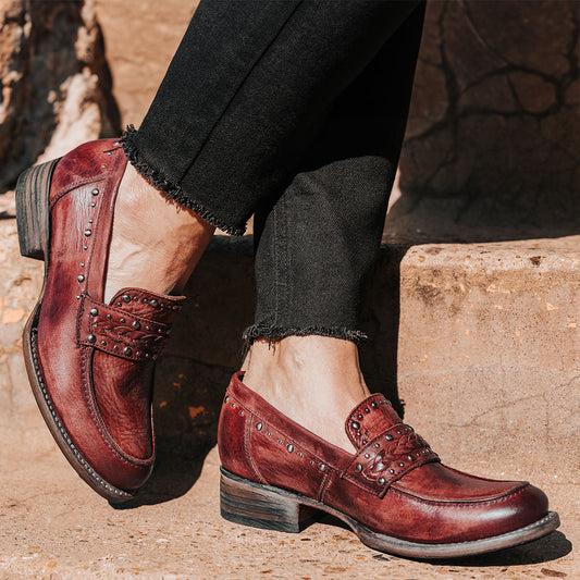 FREEBIRD women's Myla wine leather loafer with stud embellishments, flexible tongue and low block heel