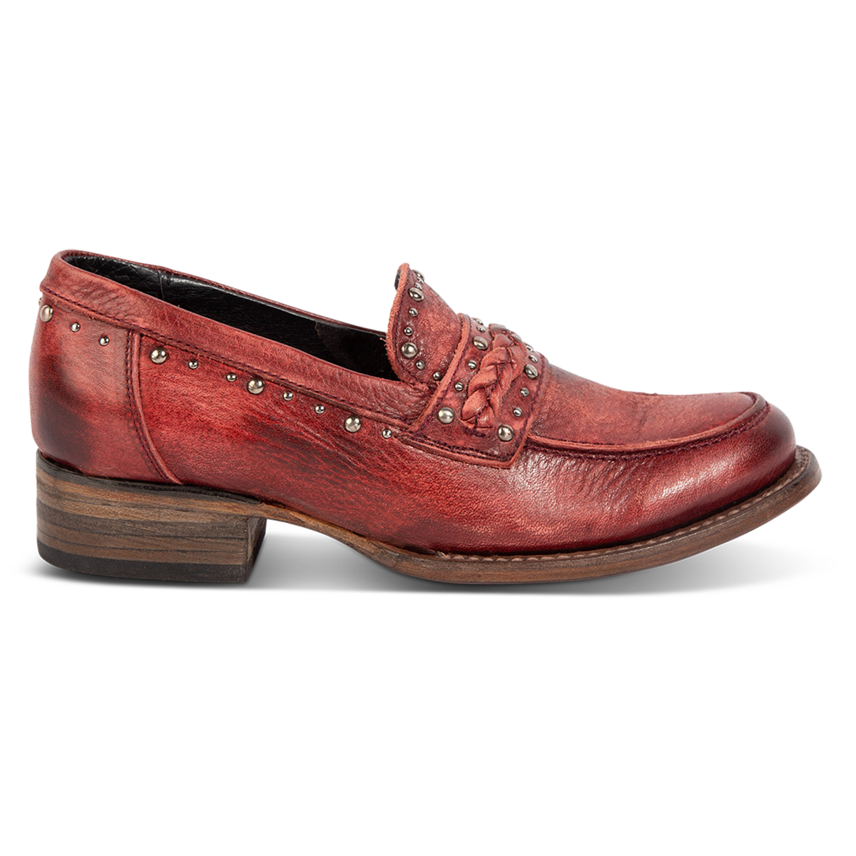 FREEBIRD women's Myla wine leather loafer with stud embellishments, flexible tongue and low block heel