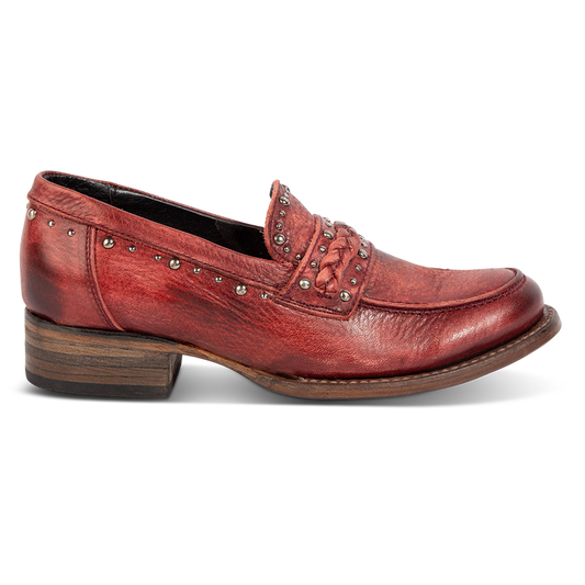 FREEBIRD women's Myla wine leather loafer with stud embellishments, flexible tongue and low block heel